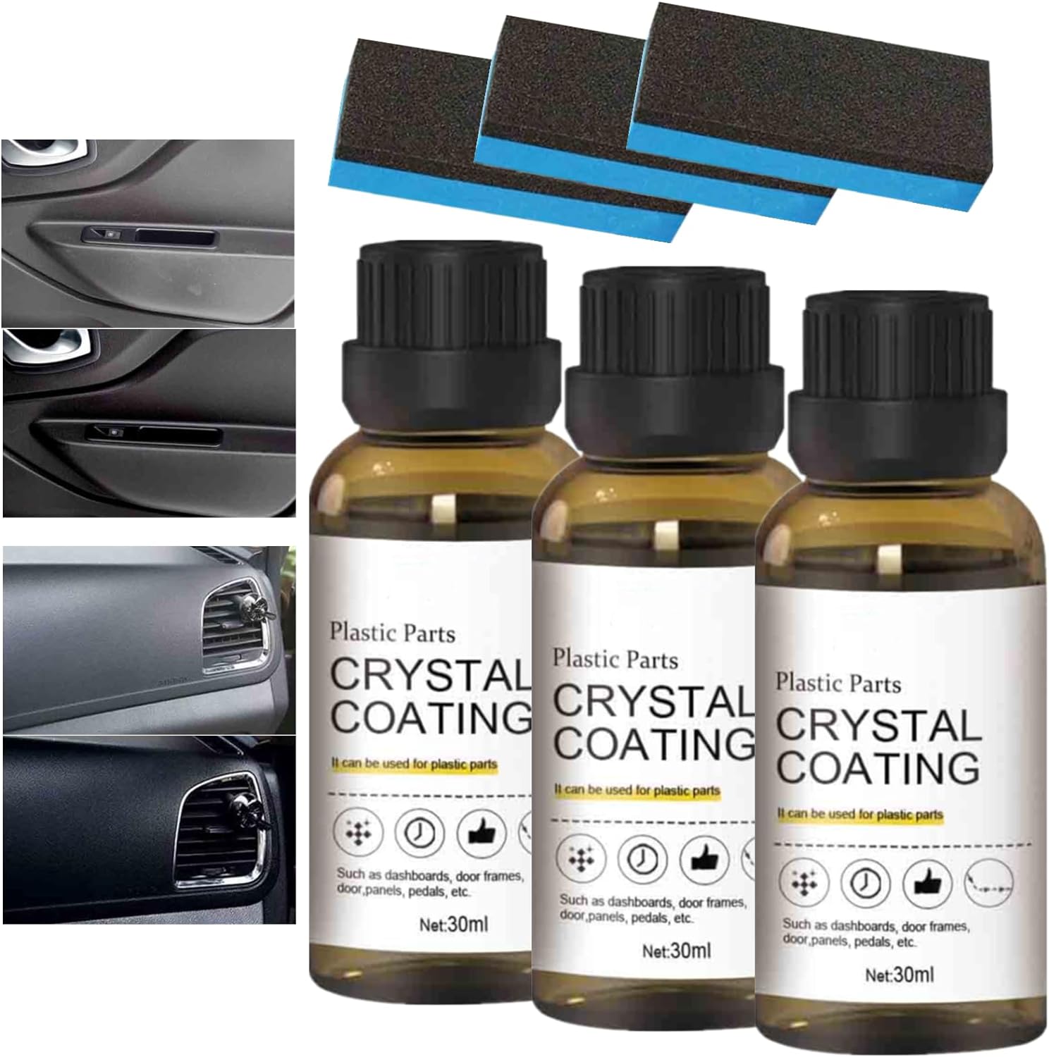 Meigap Crystal Coating for Car Plastic Parts, Plastics Parts Crystal Coating, Plastic Parts Crystal Coating, Long Lasting Car Plastic Parts Cleaner with Sponge, Plastic Restorer for Cars (3PCS)
